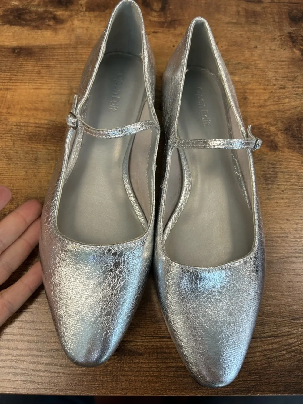 Open Edit Metallic Silver Mary Jane Flats with Cushioned Insole - Picture 1 of 6